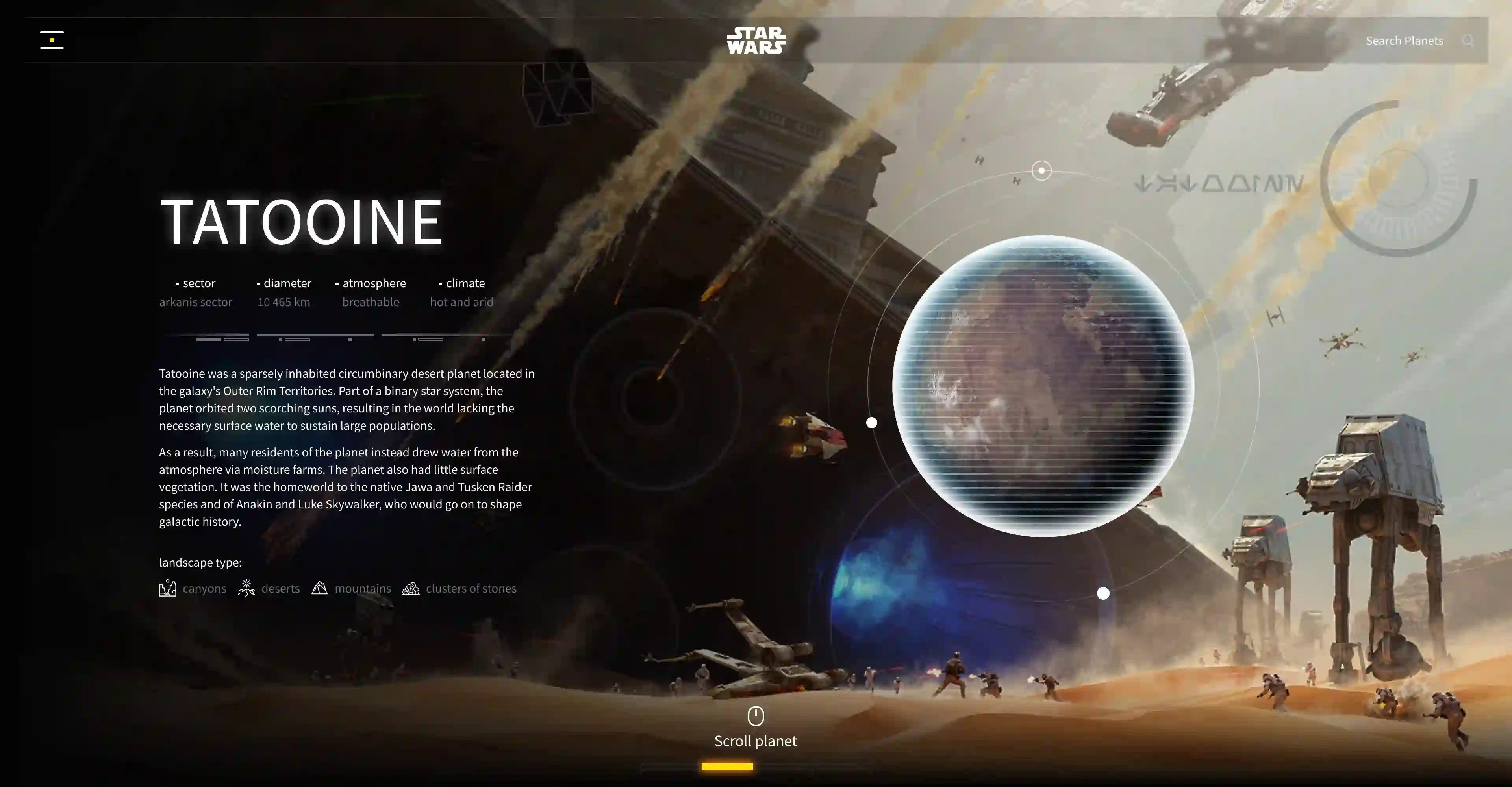 User interface of the planets, best users experience in web design from Star Wars Project